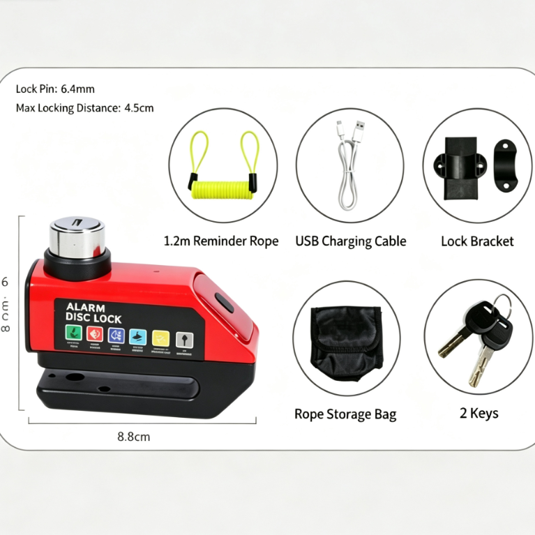 Alarm Disc Brake Lock, Rechargeable Tail Light Anti‑Theft Security Lock for Motorcycle, E‑Bike & Bicycle