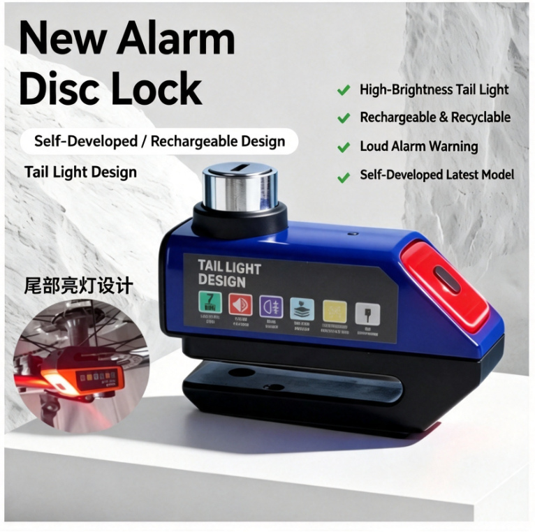 Alarm Disc Brake Lock, Rechargeable Tail Light Anti‑Theft Security Lock for Motorcycle, E‑Bike & Bicycle