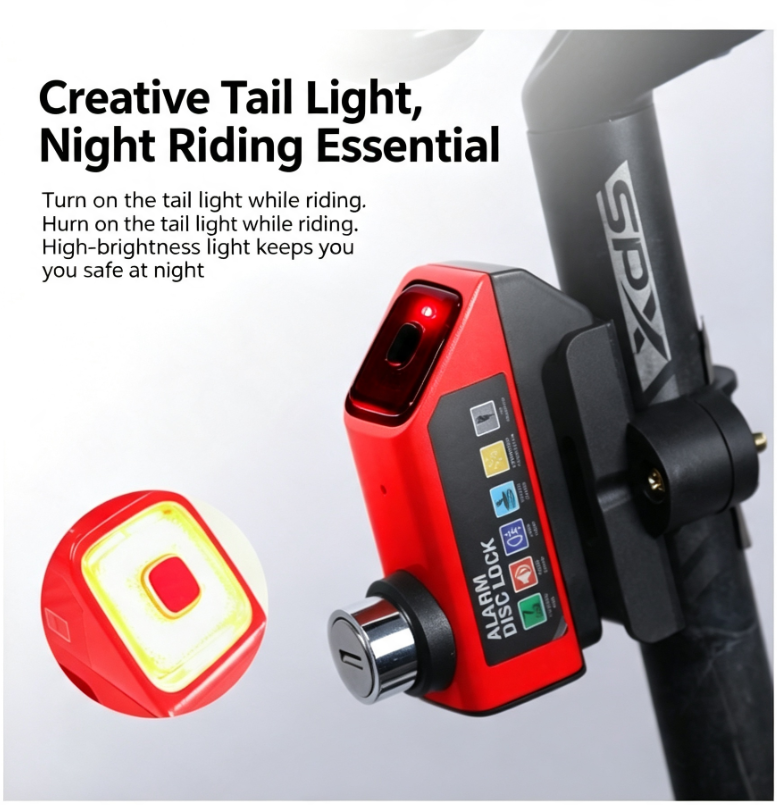 Alarm Disc Brake Lock, Rechargeable Tail Light Anti‑Theft Security Lock for Motorcycle, E‑Bike & Bicycle