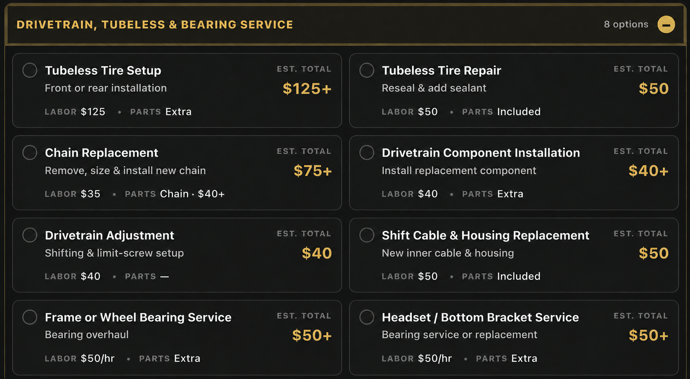 DRIVETRAIN, TUBELESS & BEARING SERVICE