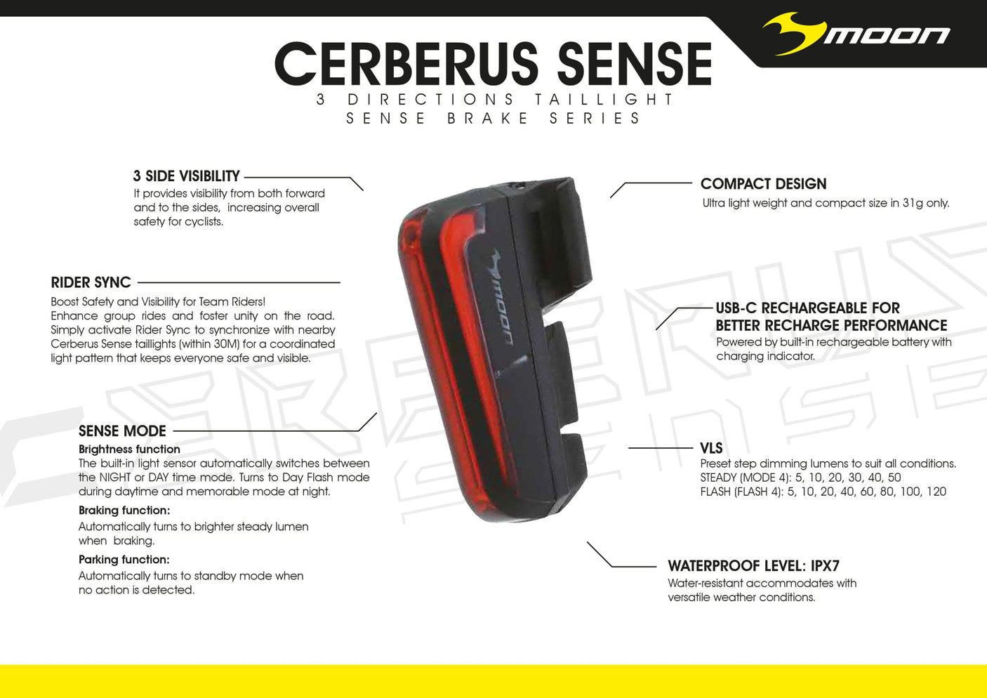 MOON CERBERUS SENSE W/RIDER SYNC 150LM TAIL LIGHT (88787)