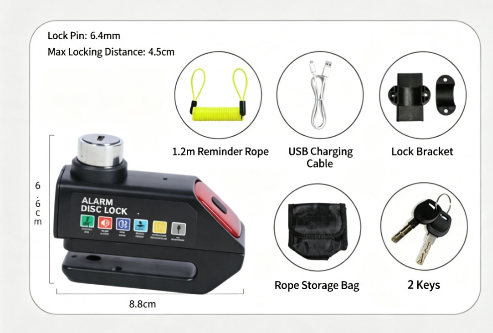 Alarm Disc Brake Lock, Rechargeable Tail Light Anti‑Theft Security Lock for Motorcycle, E‑Bike & Bicycle