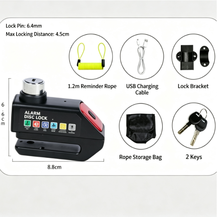 Alarm Disc Brake Lock, Rechargeable Tail Light Anti‑Theft Security Lock for Motorcycle, E‑Bike & Bicycle