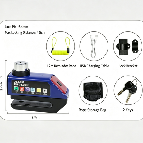 Alarm Disc Brake Lock, Rechargeable Tail Light Anti‑Theft Security Lock for Motorcycle, E‑Bike & Bicycle