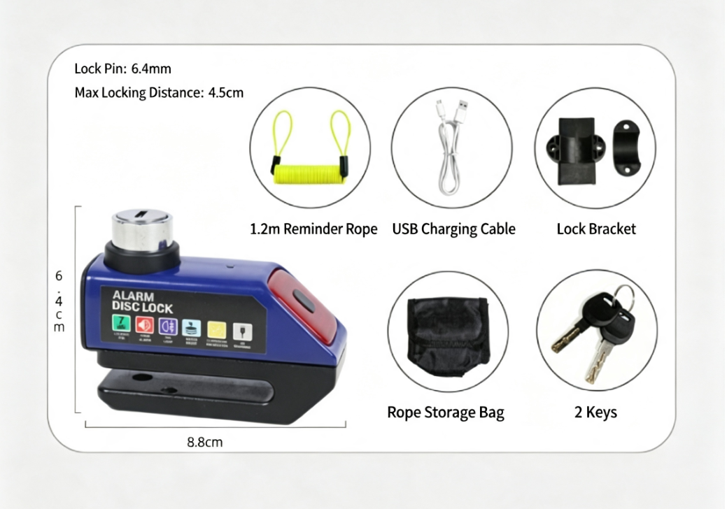 Alarm Disc Brake Lock, Rechargeable Tail Light Anti‑Theft Security Lock for Motorcycle, E‑Bike & Bicycle