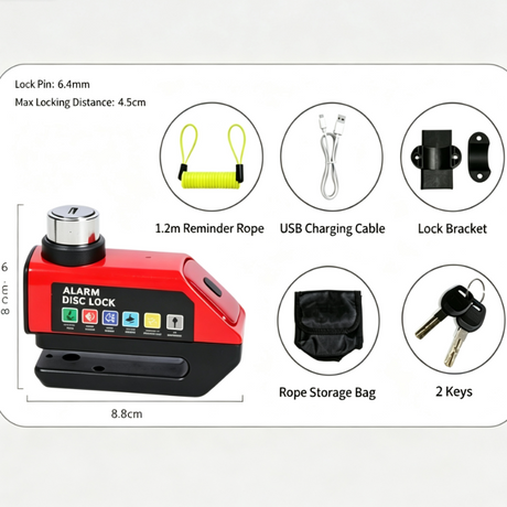 Alarm Disc Brake Lock, Rechargeable Tail Light Anti‑Theft Security Lock for Motorcycle, E‑Bike & Bicycle