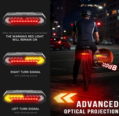 Smart Bike Tail Light, Wireless Remote Turn Signals with 120dB Audio Warning & Virtual Lane Projection, USB-C Rechargeable Rear Cycling Light, IP65 Waterproof Anti-Collision Safety Signal