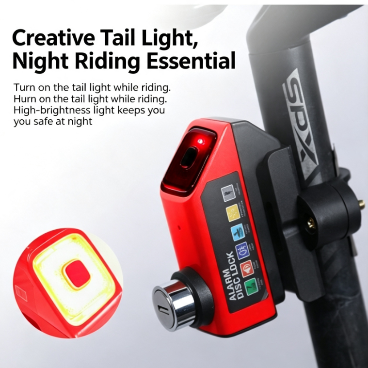 Alarm Disc Brake Lock, Rechargeable Tail Light Anti‑Theft Security Lock for Motorcycle, E‑Bike & Bicycle
