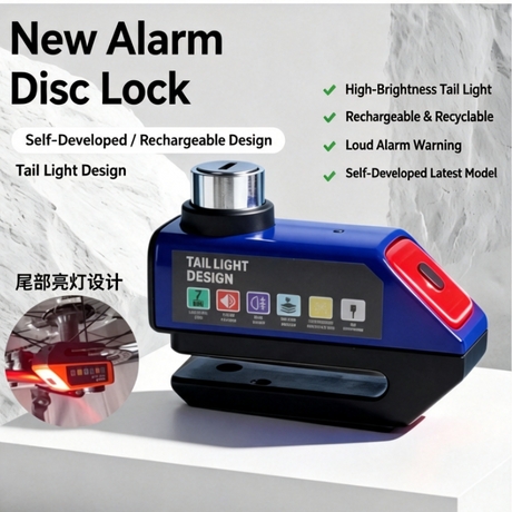 Alarm Disc Brake Lock, Rechargeable Tail Light Anti‑Theft Security Lock for Motorcycle, E‑Bike & Bicycle