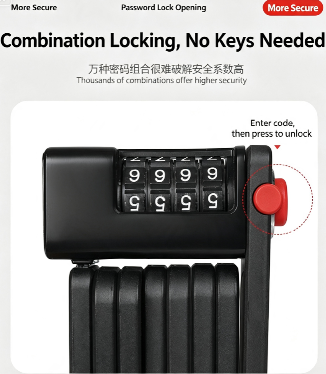 Folding Bike Lock with Mount Bracket Kit, 4-Digit Combination for Bicycles, E-Bikes, Heavy Duty Anti-Theft, Anti-Cut, Anti-Pry Bicycle Lock