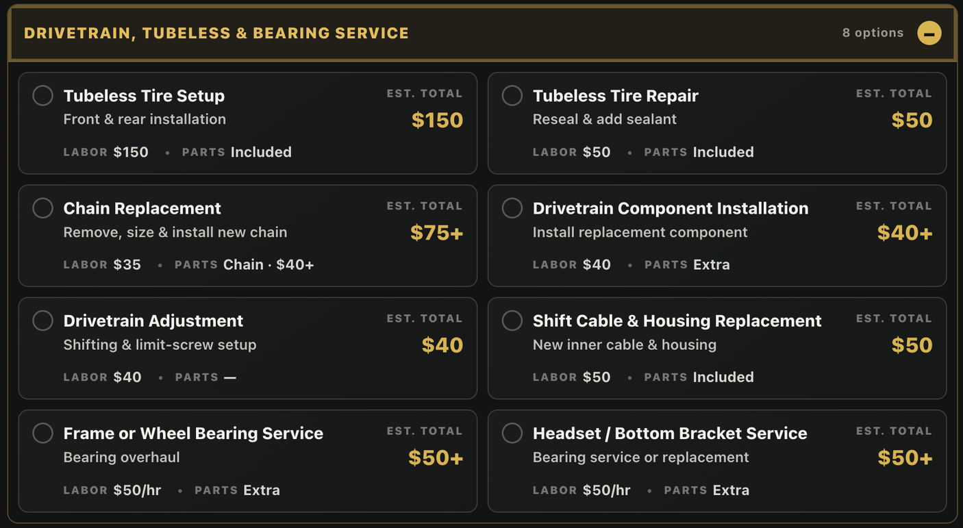 DRIVETRAIN, TUBELESS & BEARING SERVICE