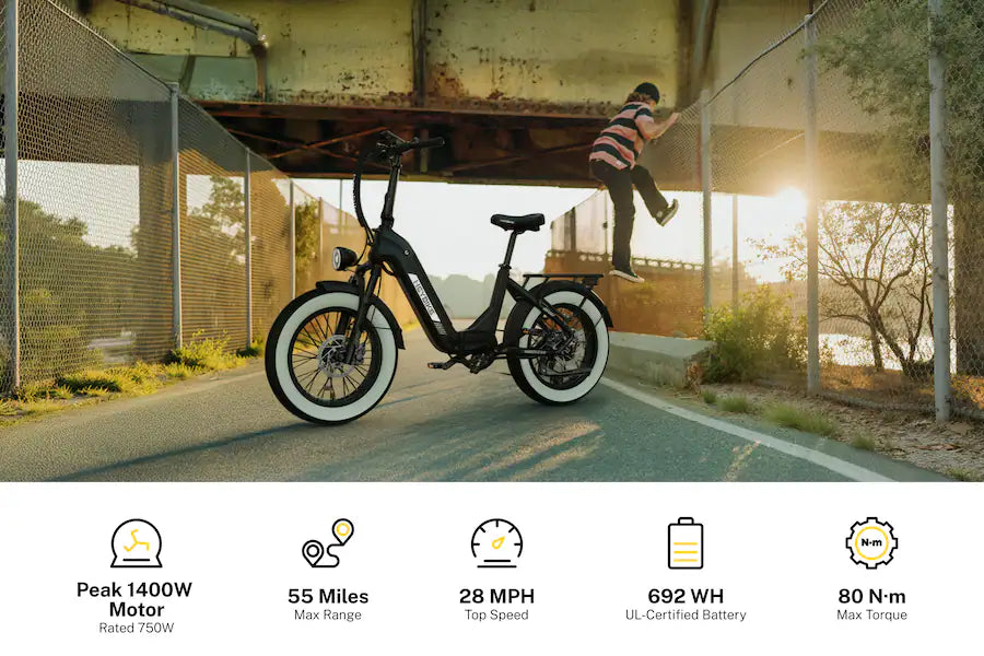 Heybike  Ranger S 2.0  Foldable Step-Thru Fat-Tire 750W Ebike, 55 Miles Max Range, 28MPH - UL Certified - Black