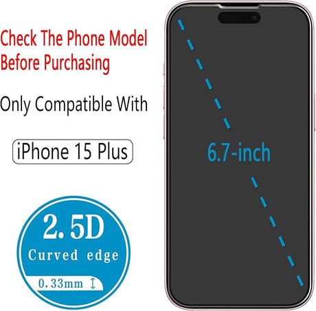 2 Pack Screen Protector for iPhone 15 Plus, 6.7 inch, Tempered Glass, Dynamic Island Compatible, Case Friendly, Not for iPhone 16 Pro Max 6.9 Inch