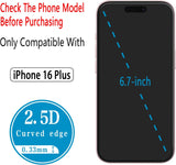 2 Pack Screen Protector for iPhone 16 Plus 6.7 inch Tempered Glass Full Coverage, Anti Scratch, Bubble Free