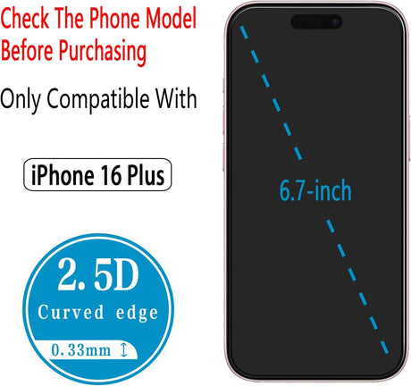 2 Pack Screen Protector for iPhone 16 Plus 6.7 inch Tempered Glass Full Coverage, Anti Scratch, Bubble Free