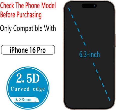2 Pack Screen Protector for iPhone 16 Pro 6.3 inch Tempered Glass Full Coverage, Anti Scratch, Bubble Free