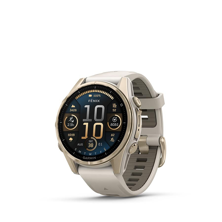 Garmin, fenix 8 AMOLED Sapphire 43mm, Watch, Watch Color: Gold, Wristband: Gray/ Dark Sandstone - Silicone