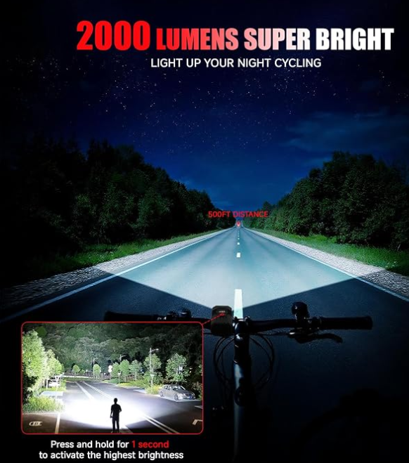 Bike Light for Night Riding, 2000LM Bicycle Headlight & Taillight, 3000mAh USB C Rechargeable Waterproof LED Bright Bike Headlights for Cyclists and Commuters