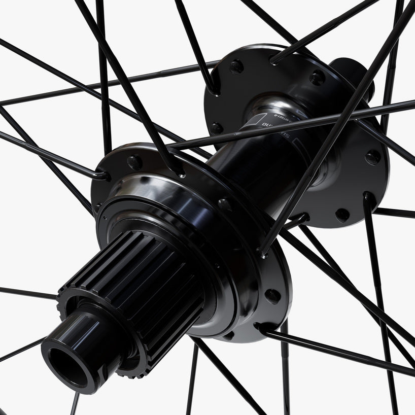 WHEEL, WH-MT620-B-29, F&R:24H, FOR 12S, F:15/R:12MM E-THRU, TUBELESS, OLD:110/148MM, BLACK, W/ STD STICKER, CL DISC